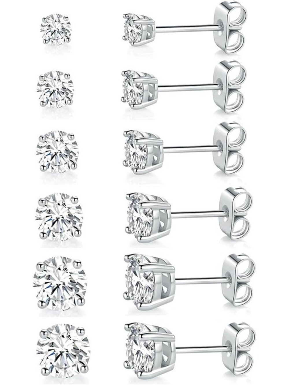 Elegant 18K White Gold Plated Round CZ Stud Earrings Set - 6 Pairs for Versatile